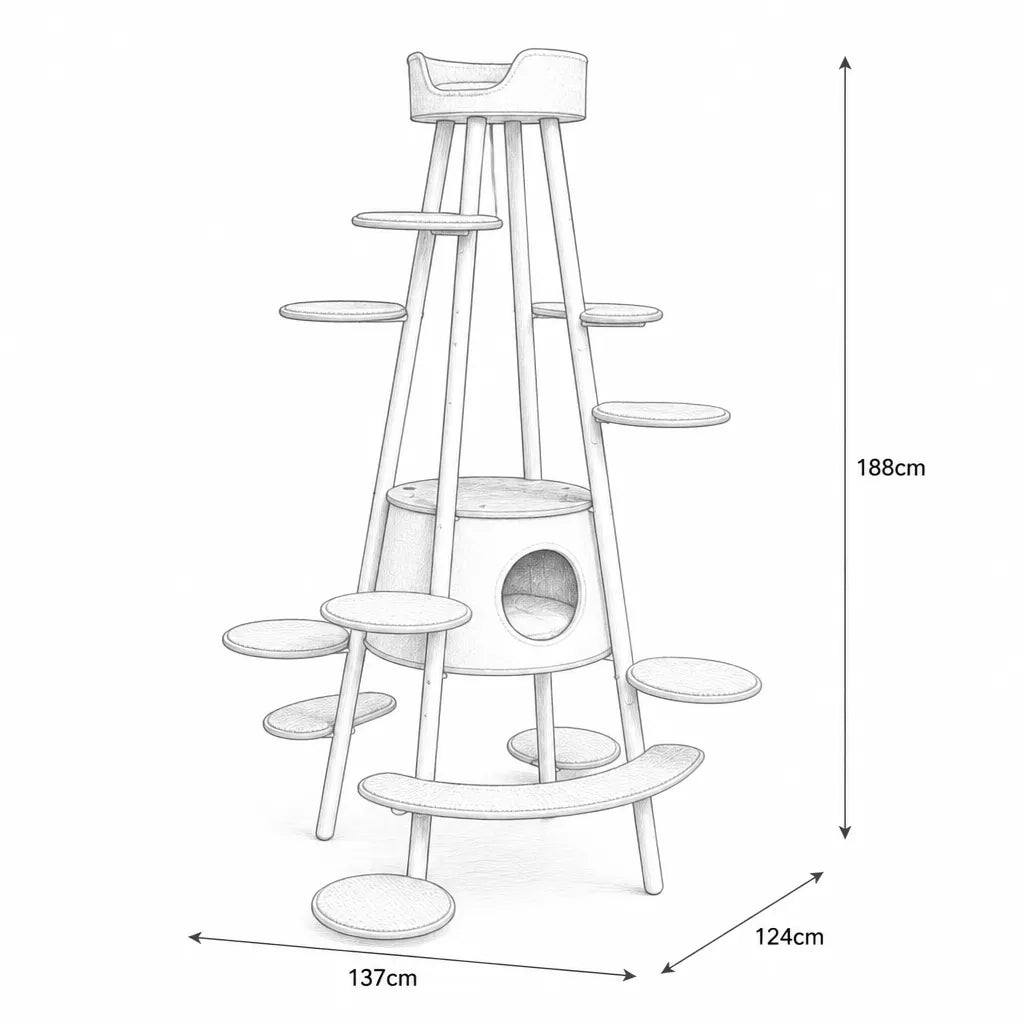 Afmetingen Jumping Cat Climbing Frame — luxe kattenboom 137cm x 124cm x 188cm | Pelveta