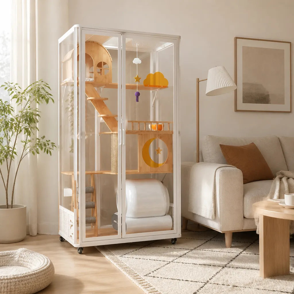 Lanyue Luxe Cat Villa wit in Scandinavisch interieur – design kattenverblijf met glazen deuren, houten platforms en hangend kattenspeelgoed