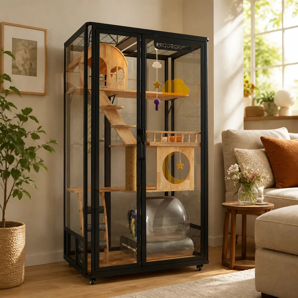 Lanyue Luxe Cat Villa zwart in modern interieur – design kattenverblijf met glazen deuren, houten klimstructuur en hangend kattenspeelgoed
