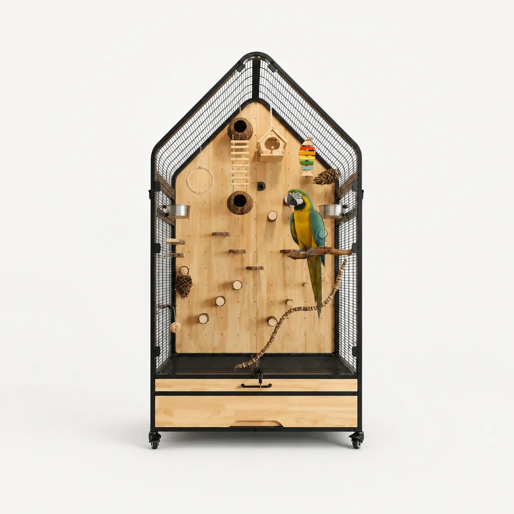 Maison Grande Luxe Vogelvolière met papegaai – grote luxe vogelkooi hout en zwart stalen gaas met houten speelwand, klimstokjes en natuurlijke takzitstok