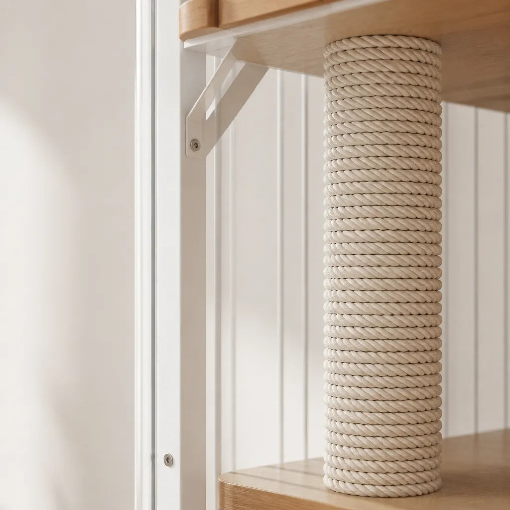 Detailfoto Aurelia kattenverblijf – dikke gevlochten katoenen krabpaal crème wit met houten platform en witte stalen beugel