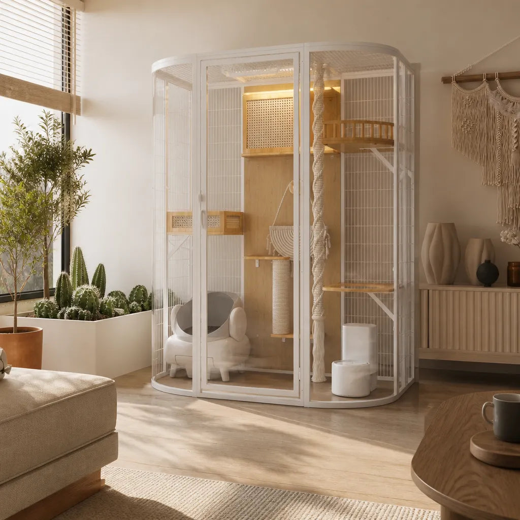 Aurelia kattenverblijf in modern interieur – design kattenkooi ovaal wit frame met houten interieur, sisal krabpaal en LED verlichting