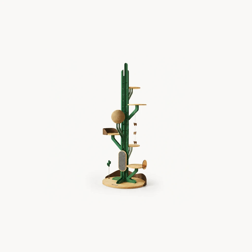 Fiora krabpaal – luxe cactus design kattenboom groen metaal met houten platforms, sisal krabbal en hangend speelgoed