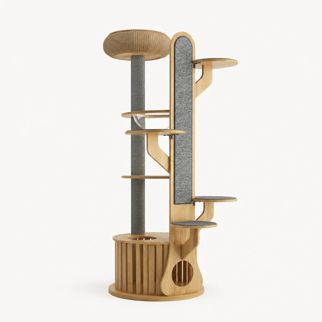 Mira kattenmeubel – luxe grote kattenboom hout met sisal krabpaal, geweven krabschijf, grijs krabpaneel en ingebouwd kattenhuis