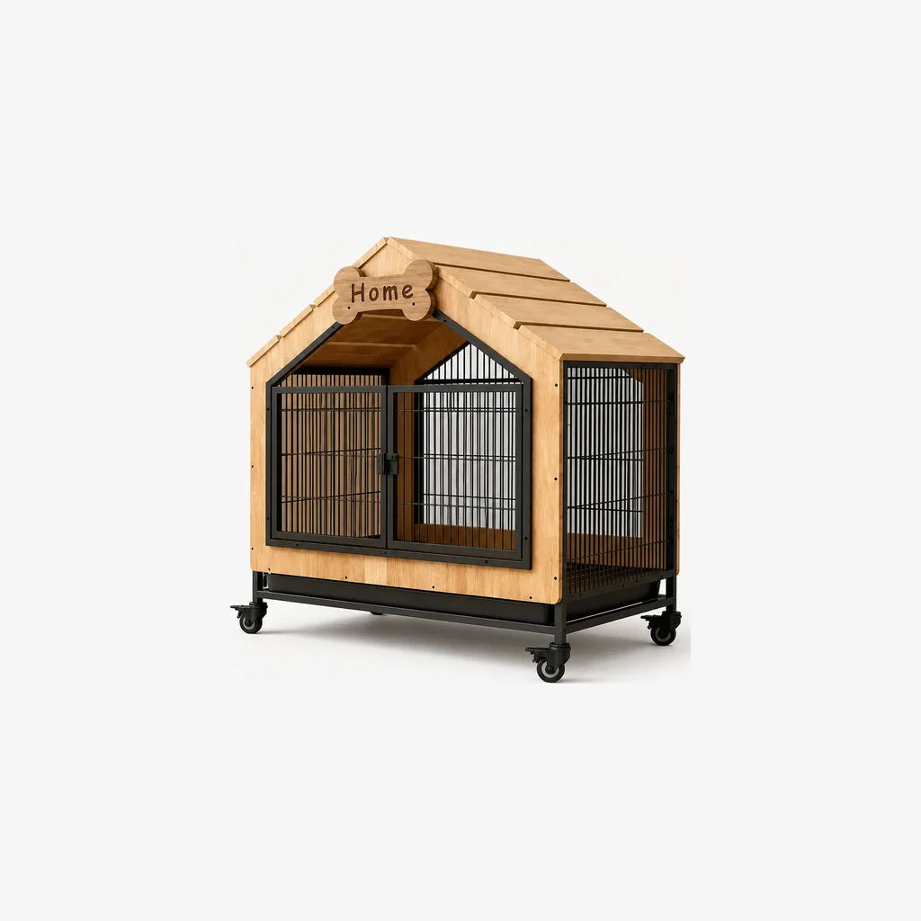 Homestead hondenbench – luxe houten hondenhok met stalen tralies, puntdak en wieltjes