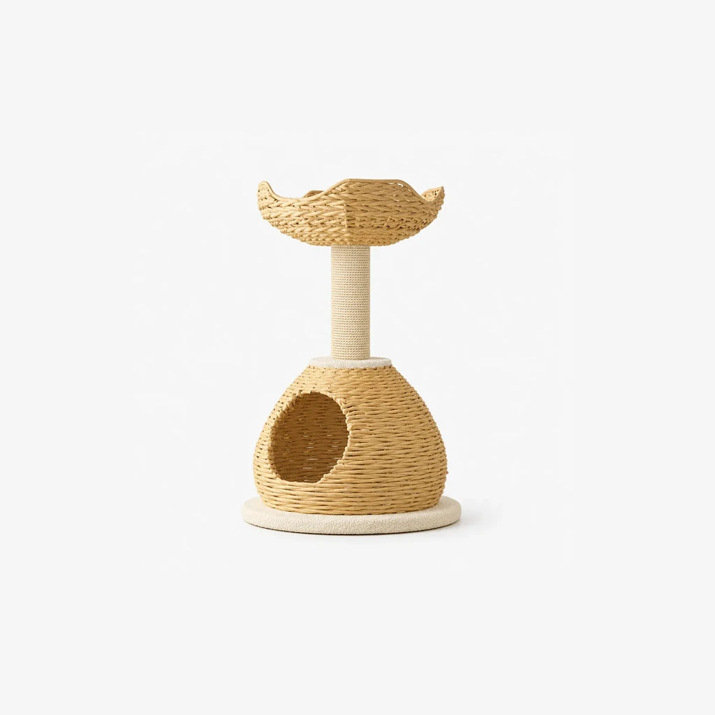 Weaving Tree House krabpaal – vooraanzicht van gevlochten kattenmeubel met rond holletje, sisalkrabpaal en gebogen ligmand bovenin