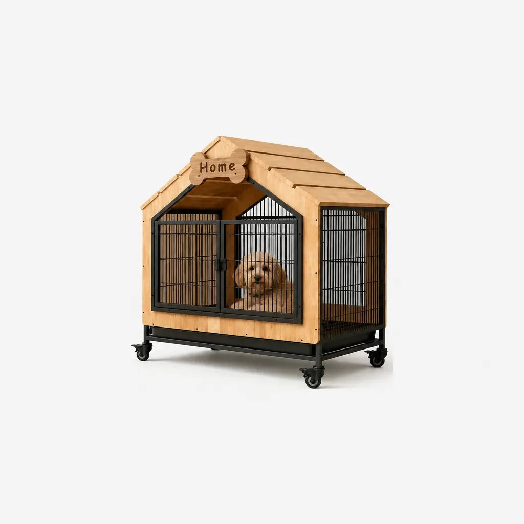 Homestead hondenbench met hond – ruime luxe hondenbench houten huisje met stalen tralies op wieltjes