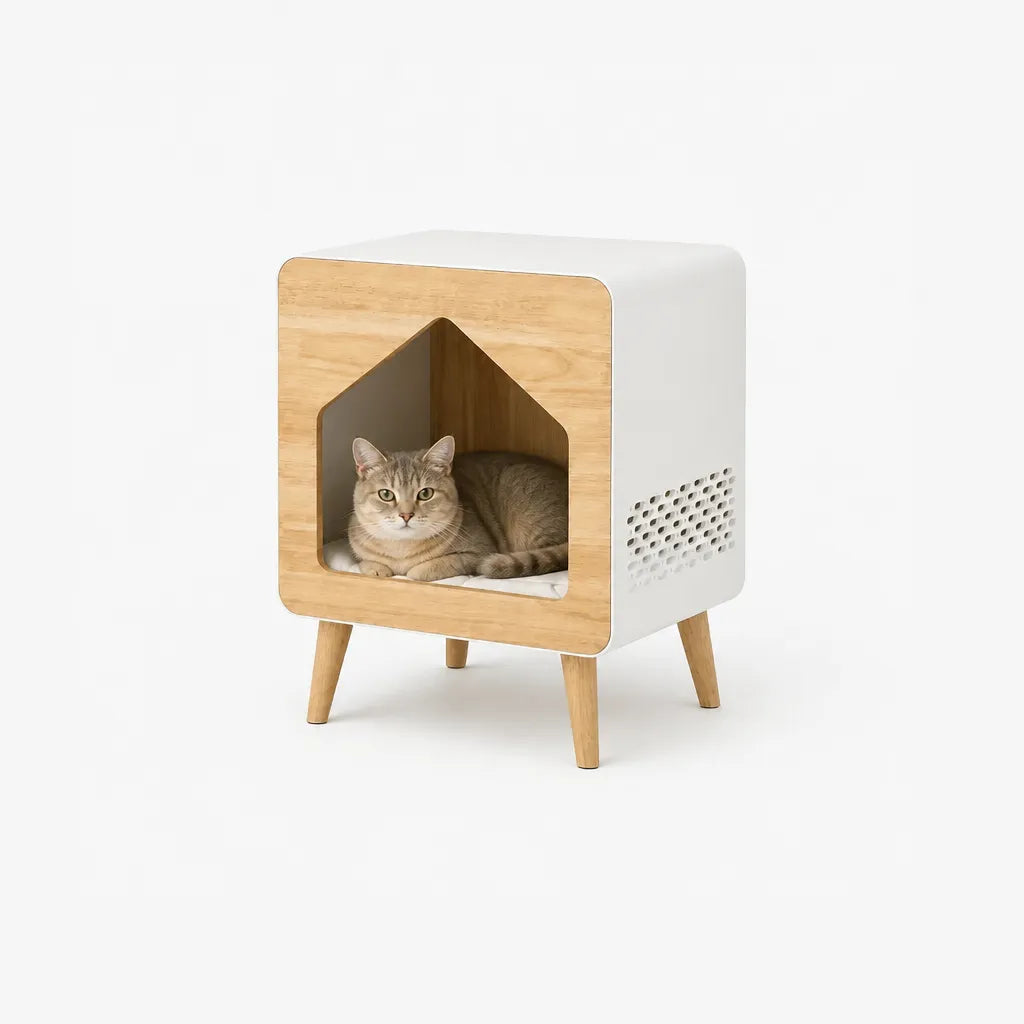 Nook nachtkast met kat in houten nis – luxe 2-in-1 bijzettafel en kattenhuis wit met zachte kussens