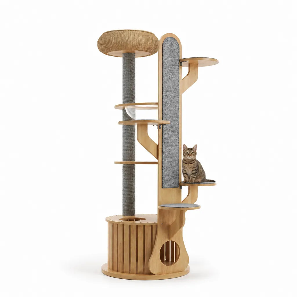 Mira kattenmeubel met kat op platform – grote houten kattenboom met sisal krabpaal, krabpaneel en houten huisje onderin